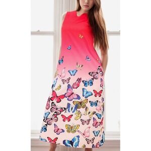 N BY NANCY Red Pink Ombre Butterfly Print Sleeveless Maxi Dress with Pockets M
